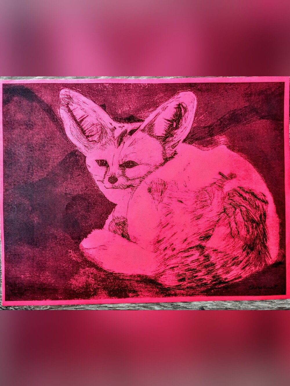 Fennec Fox Art Print in Red,  11" x8" One Of A Kind,